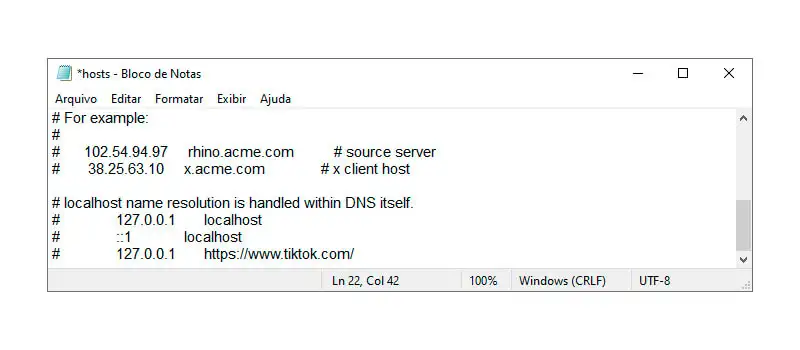 bloco de notas hosts captura de tela mostrando como editar o arquivo hosts no bloco de notas para bloquear sites