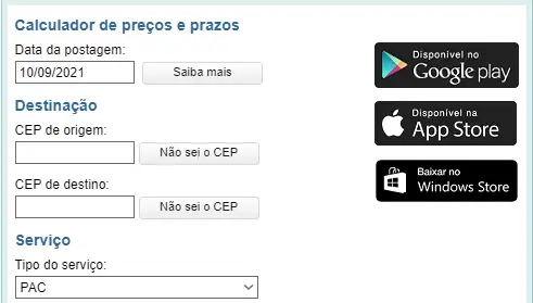Recorte da calculadora de preços e prazos do site dos Correios