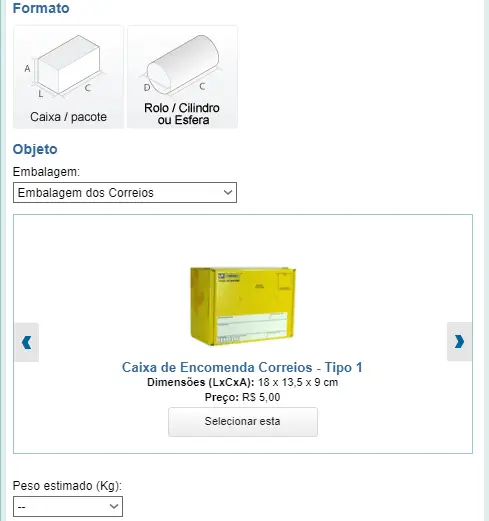 Recorte da calculadora de preços e prazos do site dos Correios