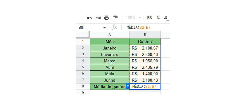 Passo 1 de como calcular média no Google Sheets