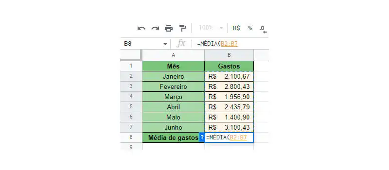 Passo 1 de como calcular média no Google Sheets