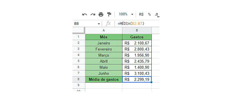 Passo 2 de como calcular média no Google Sheets