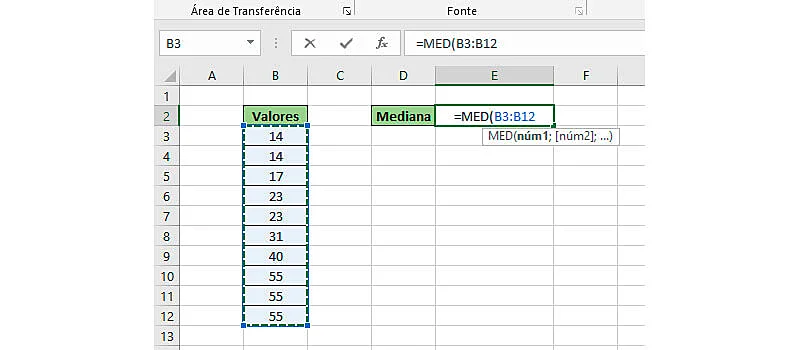 Passo 1 de como calcular mediana no Excel