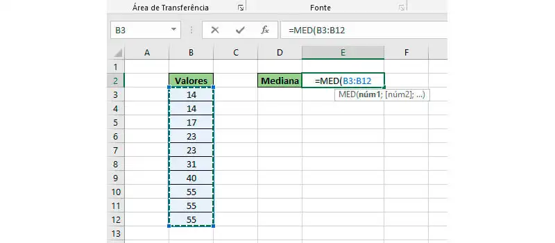 Passo 1 de como calcular mediana no Excel
