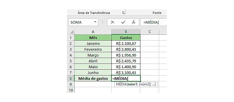 Passo 1 de como calcular média no Excel