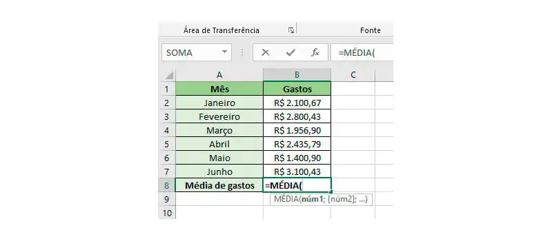 Passo 1 de como calcular média no Excel