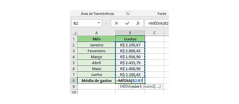 Passo 2 de como calcular média no Excel
