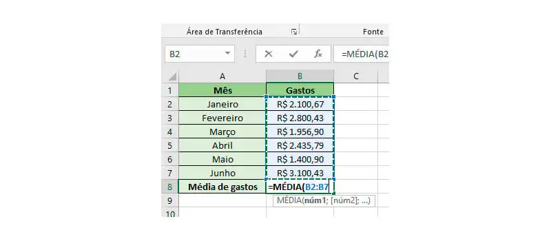 Passo 2 de como calcular média no Excel