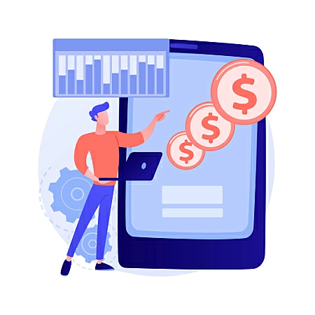 Imagem de uma pessoa em pé usando um notebook apontando para moedas em um celular gigante