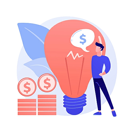 Imagem de uma pessoa em pé com um balão de texto com um cifrão e várias moedas proximas e uma lampada gigante ao fundo