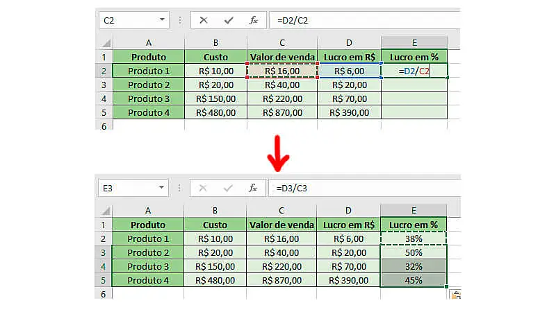 Passo a passo de como calcular porcentagem de lucro no Excel