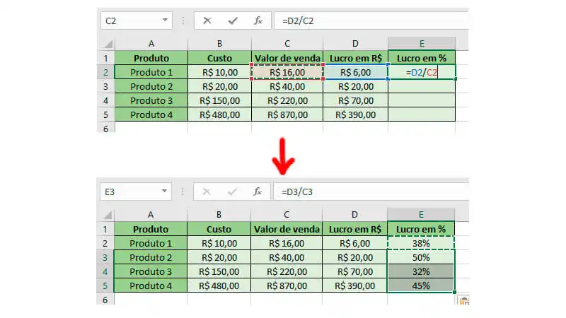 Passo a passo de como calcular porcentagem de lucro no Excel