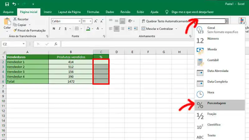 adicionando porcentagem na célula do Excel