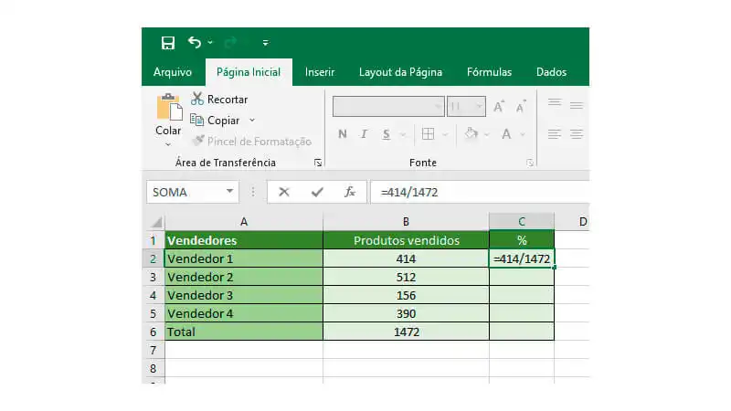 Passo 2 de como calcular porcentagem no Excel