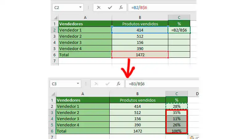 Passo 3 de como calcular porcentagem no Excel
