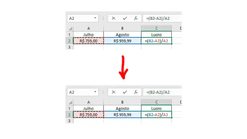 Passo a passo de como calcular a variação em porcentagem entre dois valores no Excel