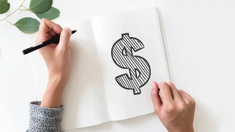 Foto de uma pessoa desenhando um cifrão no caderno