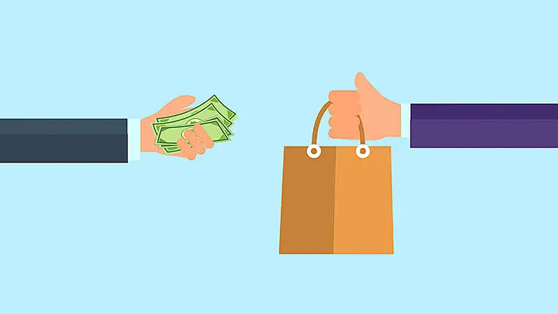 Ilustração de uma pessoa entregando dinheiro e outra entregando uma sacola