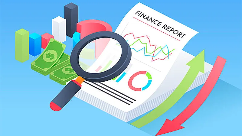 Ilustração de uma lupa vendo um cifrão e varias mãos