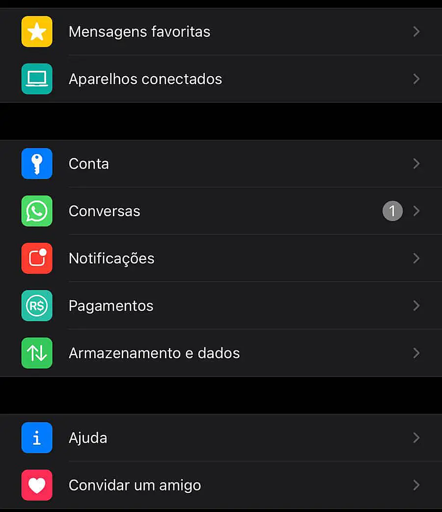 Captura de tela do menu configurações WhatsApp
