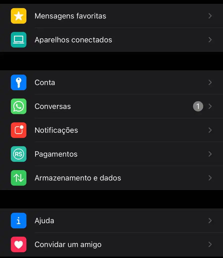 Captura de tela do menu configurações WhatsApp