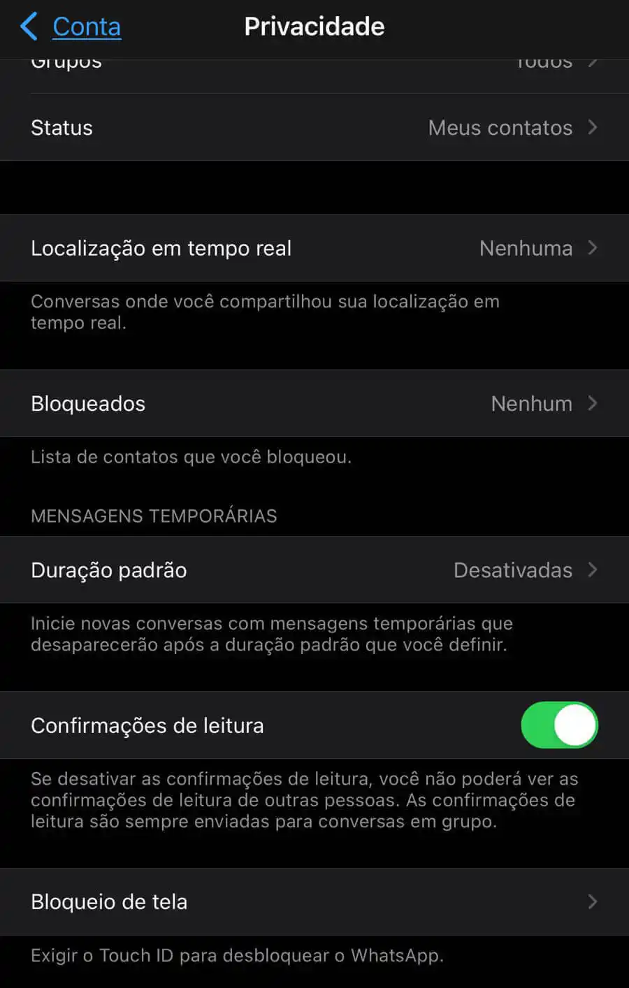 Captura de tela menu Privacidades