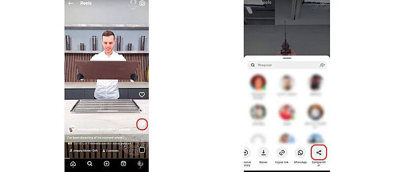 2 capturas de tela mostrando como compartilhar reels no instagram