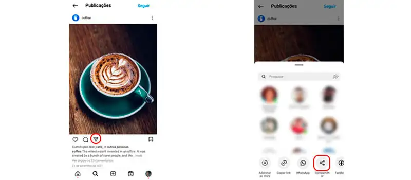 3 duas capturas de tela mostrando como compartilhar publicações no InstaGRAM