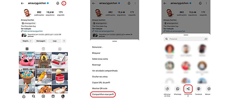 três capturas de tela mostrando como compartilhar perfis no instagram