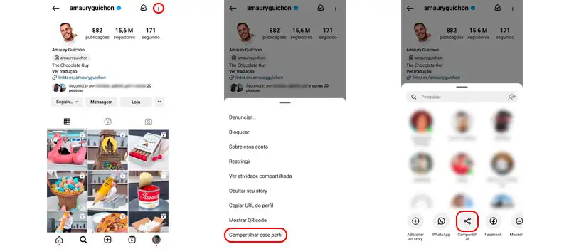 4 três capturas de tela mostrando como compartilhar perfis no instagram
