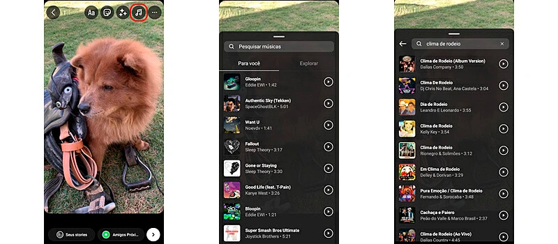 três capturas de tela mostrando como compartilhar músicas em seus stories