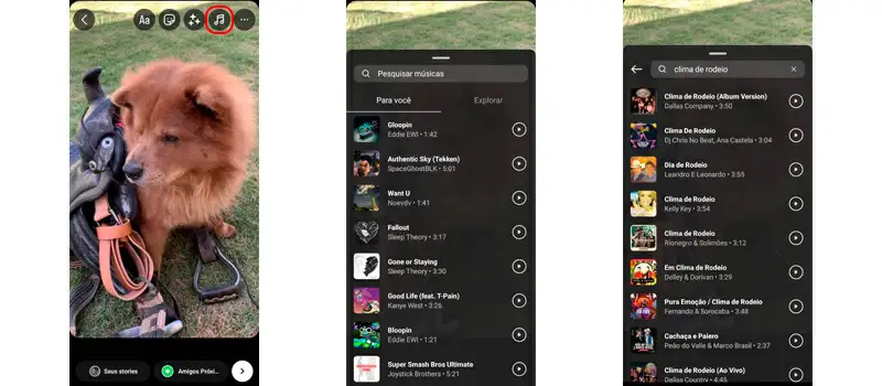 5 três capturas de tela mostrando como compartilhar músicas em seus stories