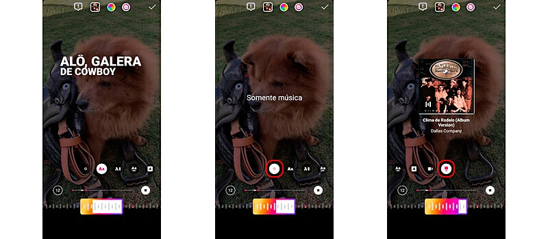 três capturas de tela mostrando como configurar a exibição da música no seu story