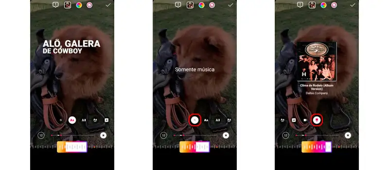 6 três capturas de tela mostrando como configurar a exibição da música no seu story