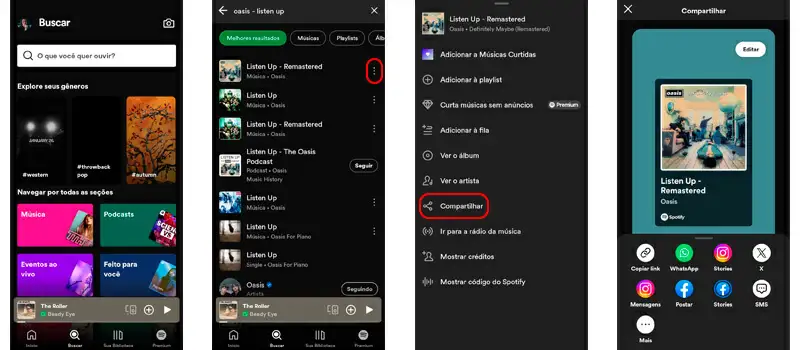 7 quatro captura de telas mostrando como compartilhar musica do spotify no instagram
