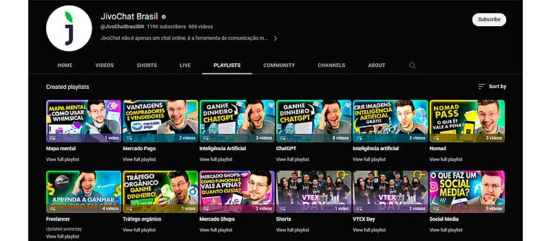 mostrando dica de como crescer no youtube apresentando playlists de vídeos do canal jivochat brasil