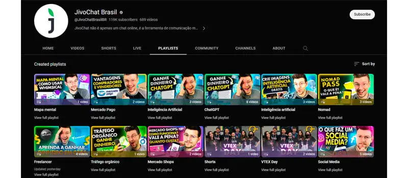 playlists mostrando dica de como crescer no youtube apresentando playlists de vídeos do canal jivochat brasil