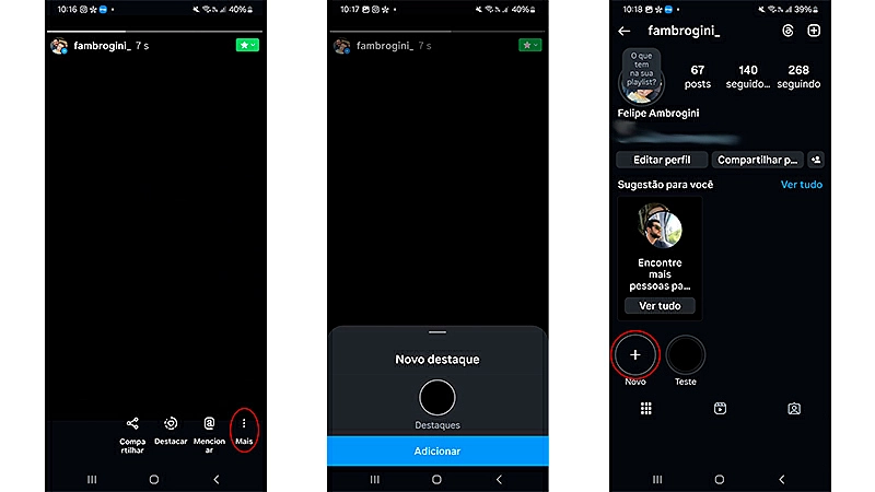 sequência de imagens que mostra o passo a passo de como criar um destaque no Instagram