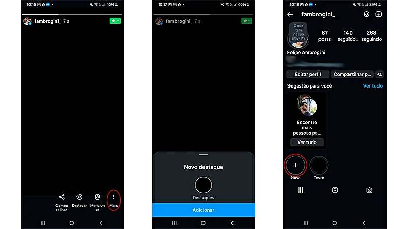 sequência de imagens que mostra o passo a passo de como criar um destaque no Instagram