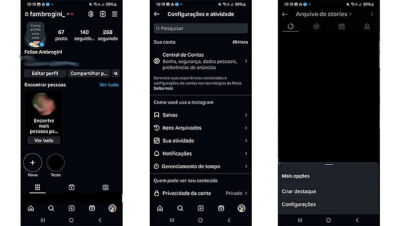 sequência de imagens que mostra o passo a passo de como adicionar stories antigos no seus destaques