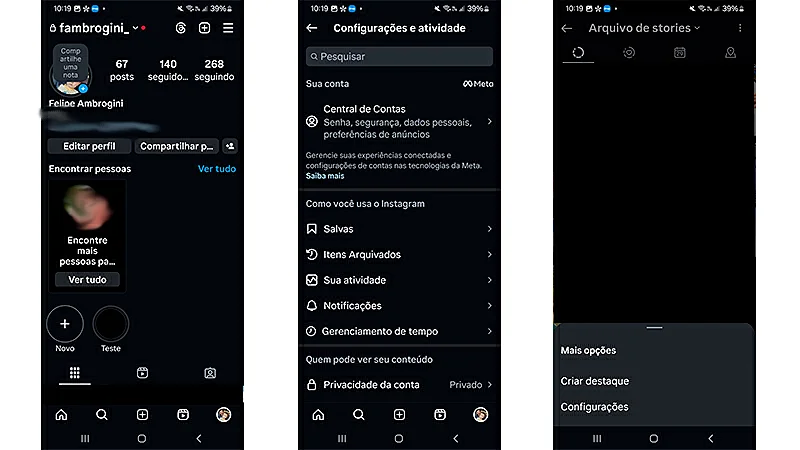 sequência de imagens que mostra o passo a passo de como adicionar stories antigos no seus destaques