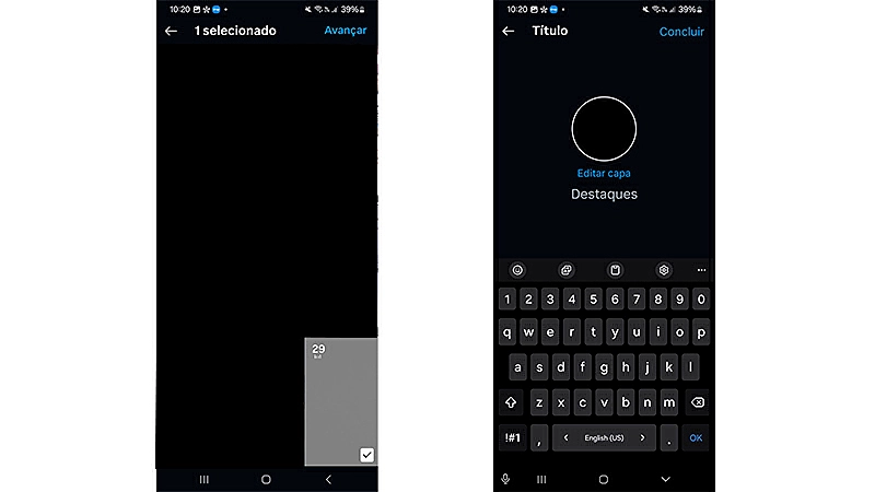 sequência de imagens que mostra como adicionar stories antigos, editar a capa e o nome dos destaques