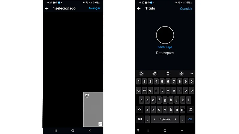 sequência de imagens que mostra como adicionar stories antigos, editar a capa e o nome dos destaques