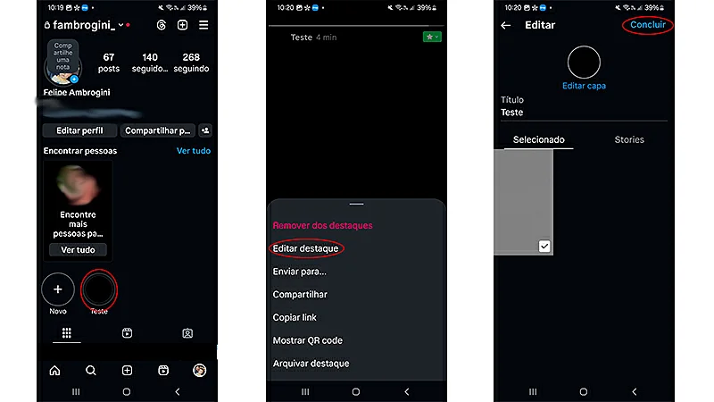 sequência de imagens que mostra o passo a passo de como editar os destaques no Instagram