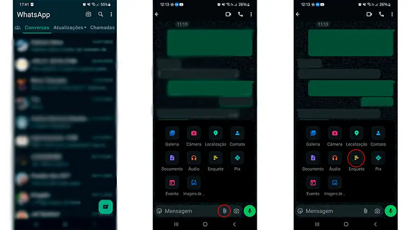 imagem que mostra um tutorial em três passo de como criar uma enquete no whatsapp
