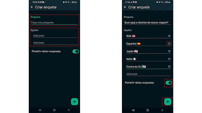 duas imagens que mostram como preencher e configurar as enquetes do whatsapp