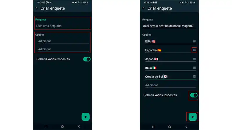 duas imagens que mostram como preencher e configurar as enquetes do whatsapp