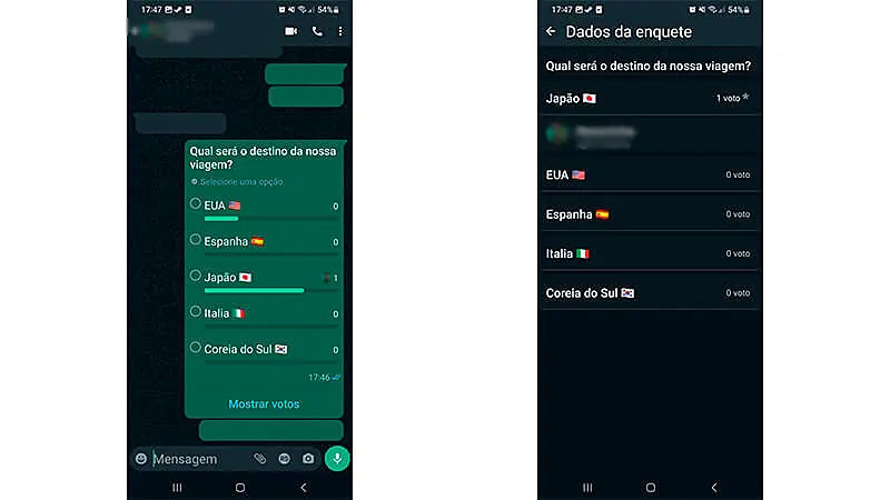 imagem que mostra a enquete em uma conversa e como acessar os resultados