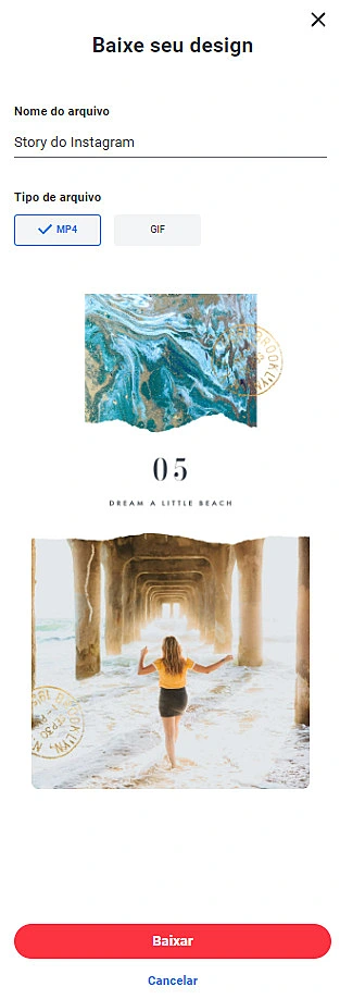 Printscreen de elementos animados disponíveis no Canva e como salvar em formato de gif ou vídeo. 