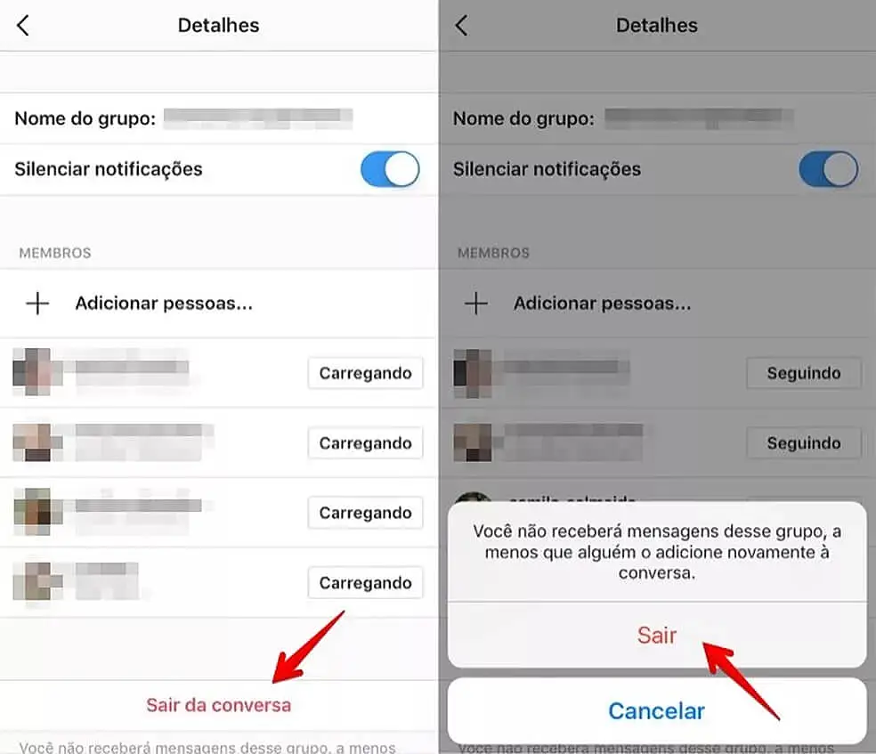 Captura de tela para sair do grupo no Instagram